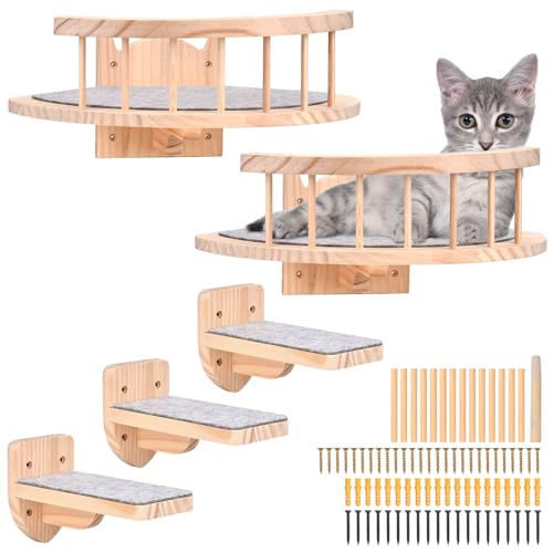 Wand montierte Katze-Hängematte, 2PCS Katze-Regale und Katze-Barsche für Wand, Katze-Wand-Möbel mit 3 Katze-Wand-Stufen, Massivholz-Katze-Hängematte mit Plüsch bedeckt für Klettern Schlafen Spielen von Wuudi