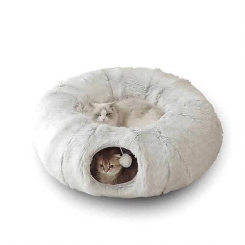 Wuudi Katzentunnelbett, Plüsch Katzentunnel Große Katzen, Katzentunnel mit Katzenbett für Indoor Katzen, Plüsch Katzenhöhle Bett mit Schlafplatz Faltbarem Rohr und Abnehmbarer Matte und bällen (Grau) von Wuudi