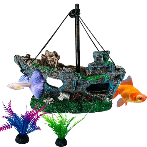 Wvkzuc Aquarium-Zubehör/Kunstharz, künstliche Aquarium-Dekoration, Fischversteck, Betta-Versteck, Zubehör, Steingarten, Versteck, Hüttenfisch mit 2 künstlichen Wasserpflanzen (Boot) von Wvkzuc