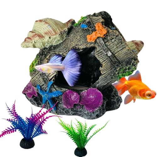 Wvkzuc Aquarium-Zubehör/Kunstharz, künstliche Aquarium-Dekoration, Fischversteck, Betta-Versteck, Zubehör, Steingarten, Versteck, Hüttenfisch mit 2 künstlichen Wasserpflanzen (Muscheleimer) von Wvkzuc