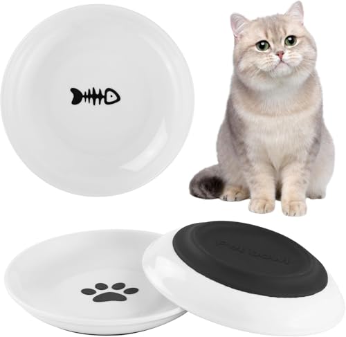 3 Stück Katzennapf Keramik, mit Rutschfestem Gummiboden, Anti Whisker Fatigue Katzengeschirr Set, Flacher breiter Futter- und Wassernapf für Kätzchen,für Katzen und Kleintiere von Wvu & Wvo