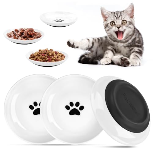 3 Stück Katzennapf Keramik, mit Rutschfestem Gummiboden, Anti Whisker Fatigue Katzengeschirr Set, Flacher breiter Futter- und Wassernapf für Kätzchen,für Katzen und Kleintiere von Wvu & Wvo