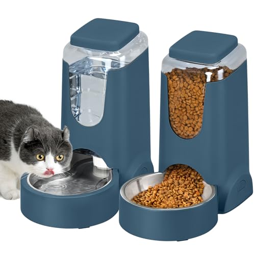 2er Set Automatische Katzenfutter- und Edelstahlwasserspender, Hundefutter und Wasserversorgungsset für kleine bis mittelgroße Welpen, Kätzchen, Haustiere (1 Gallone x 2, Marineblau) von WyfKyd