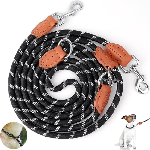 Wzhtuzi Schleppleine, Hundeleine Doppelleine für Hunde, Starke Hunde Trainingsleine mit 2 Karabinerhaken und 3 Ringen, Verstellbare Doppelleine aus Nylon 1.3cm x 300cm- Schwarze von Wzhtuzi