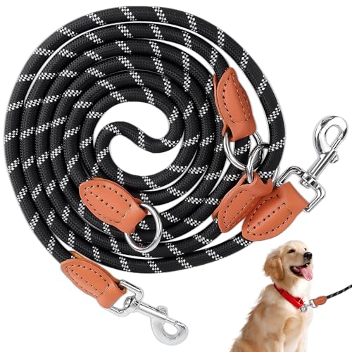 Wzhtuzi Schleppleine, Hundeleine Doppelleine für Hunde, Starke Hunde Trainingsleine mit 2 Karabinerhaken und 3 Ringen, Verstellbare Doppelleine aus Nylon 1.3cm x 300cm- Schwarze von Wzhtuzi