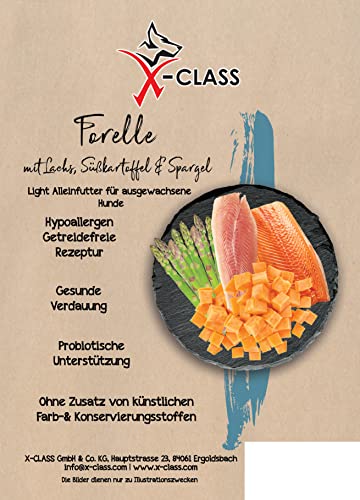 Getreidefrei Forelle mit Lachs, Süßkartoffel und Spargel Light,12kg, Trockenfutter für ausgewachsene Hunde, Ohne Zusatz von künstlichen Farb-& Konservierungsstoffen von X-CLASS