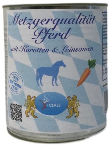 Metzgerqualität Pferd mit Karotte und Leinsamen 800g Dose, Nassfutter für Hunde,Premium Hundenahrung, ohne jegliche Zusätze von X-CLASS