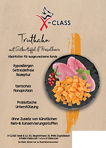 Truthahn mit Süßkartoffel und Preiselbeere, getreidefreies Trockenfutter für ausgewachsene Hunde, ohne Zusatz von künstlichen Farb- und Konservierungsstoffen 2kg von X-CLASS