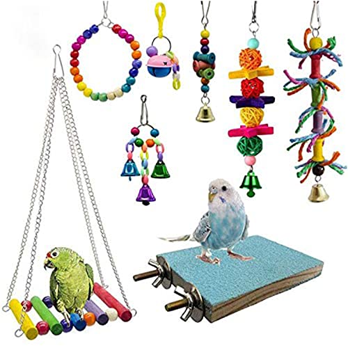 X-Institute Papagei Spielzeug 8Pcs Set Schaukel Hängematte Plattform Barsch Kauen Blöcke Spielzeug Für Käfig Vogel Spielzeug Sets Holz Für Papageien Conures Sittich von X-Institute