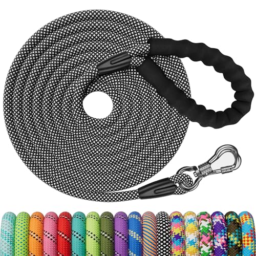 X XBEN 10M Schleppleine für Hunde, 8mm Starke Hundeleine mit Bequemen Gepolsterter Griff, Lang Trainingsleine für Kleine Mittlere und Große Hunde, Robustes Kletterseil und Karabiner, Schwarz von X XBEN