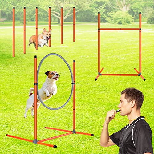 X XBEN Agility Ausrüstungs Set für Groß Klein Hunde Anfänger, Agility Set mit 60CM Springring, Hürdenstange, 6 Slalomstangen, Whistle für Outdoor-Training, 3-teiliges Set, Einstellbar, Bildung,Spiele von X XBEN