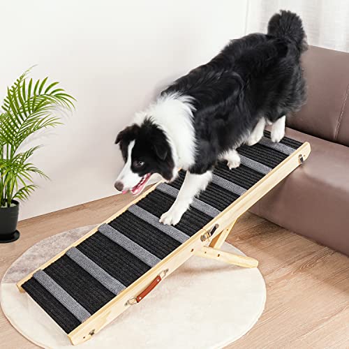 X XBEN Hundetreppe für Kleine Große Hunde, 5 Höhenverstellbare Hunderampe von 35CM bis 64CM, Klappbar Haustiertreppe aus Holz, Katzentreppe für Bett Sofa Auto, Rutschfester Teppichoberfläche, Bis 45KG von X XBEN