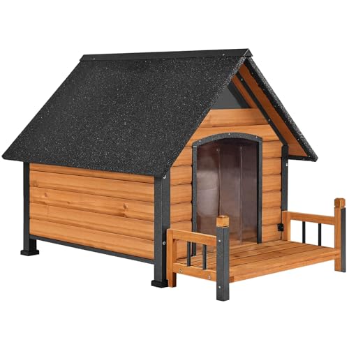 Hundehaus mit Anti-Bite Metall Eisenrahmen Outdoor Holz Hundehütte Indoor Welpenunterkunft für kleine mittlere große Hunde wetterfest (grau) von X-ZONE PET