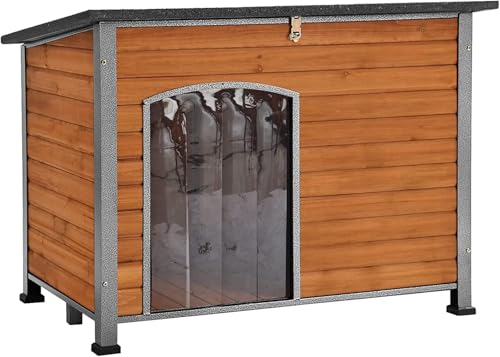 X-ZONEHundehaus Outdoor, Indoor isoliert Katze Haus wetterfest Hundehütte für kleine mittlere Hunde, Haustier Kiste aus Holz mit erhöhten Boden wetterfest, einzigartige All-Around-Eisenrahmen von X-ZONE PET