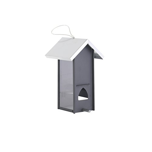 Xclou Vogelfutterstation in Silber/Anthrazit, eckiger Futterspender, Futtersäule aus Metall und Kunststoff mit 4 Futteröffnungen, Vogelfutterhaus zum Hängen von Xclou