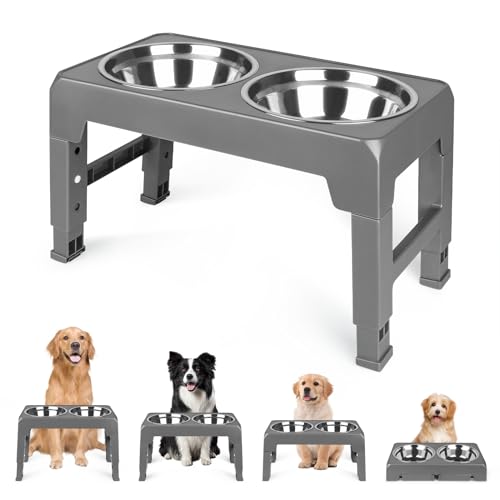 Hundenapf Höhenverstellbar Futternapf, Haustierschale, Hunde Futterstation Edelstahlnäpfen, Fressnäpfe für Hunde Katzen, Napfständer, Erhöhter Hundenapf (A-44 * 24 * 8cm-Grau) von XDAILUYYDS