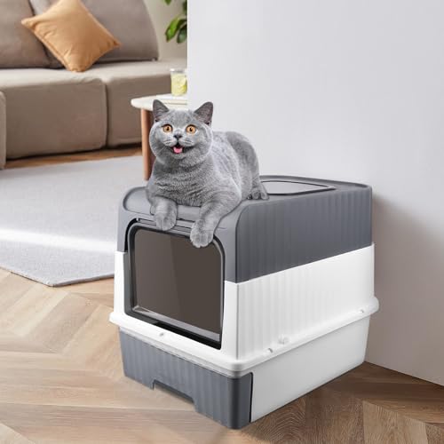 Katzenklo, Katzentoilette, Cat Litter Box, Geschlossene Katzentoilette, Katzenklo inklusive Schaufel, ausziehbares Tablett, Auslaufsicherer Boden (49 * 37 * 35cm grau) von XDAILUYYDS