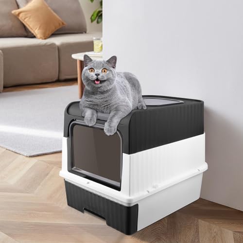 Katzenklo, Katzentoilette, Cat Litter Box, Geschlossene Katzentoilette, Katzenklo inklusive Schaufel, ausziehbares Tablett, Auslaufsicherer Boden (49 * 37 * 35cm schwarz) von XDAILUYYDS