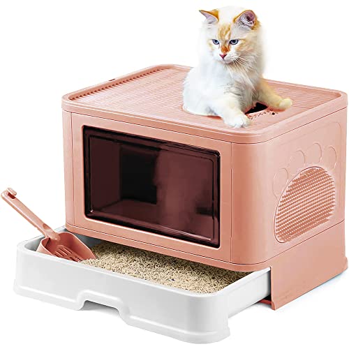 Katzenklo, Katzentoilette mit Deckel, Katzenklo inklusive Schaufel, ausziehbares Tablett, 2 Öffnungen, auslaufsicherer Boden. (Rosa) von XDAILUYYDS
