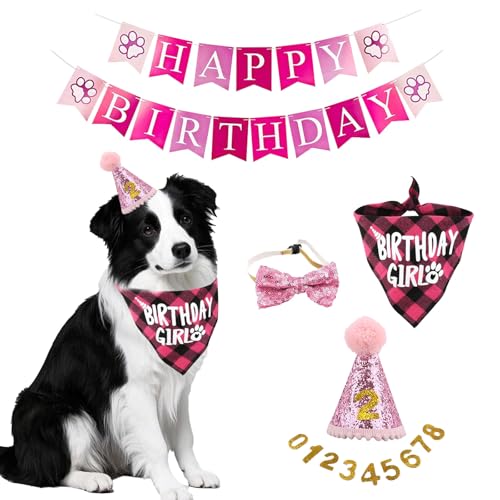 Hundegeburtstag Hut Bandana Set,5 Stücke Hunde Geburtstags Bandana Mütze mit 10 Bling Nummern und Happy Birthday Banner für kleine mittelgroße und große Hunde,Hund Geburtstag Deko (Rosa) von XDGBGFN