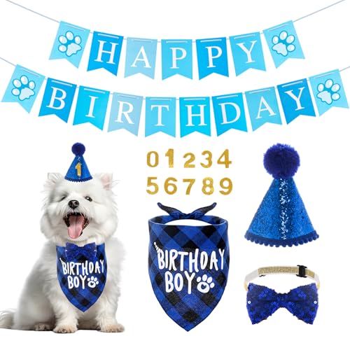 Hundegeburtstag Hut Bandana Set,5 Stücke Hunde Geburtstags Bandana Mütze mit 10 Bling Nummern und Happy Birthday Banner für kleine mittelgroße und große Hunde,Hund Geburtstag Deko von XDGBGFN