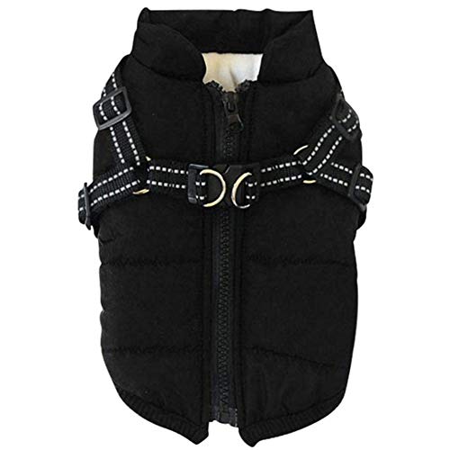 XDKS Hundemantel mit strapazierfähigem Geschirr, Brustgurt, wasserdicht, 2-in-1, Herbst-/Winterjacke, Ski-Kostüm, ärmellos, Baumwolle, gepolsterte Weste, für kleine, mittelgroße und große Hunde, Größe M, Schwarz von XDKS