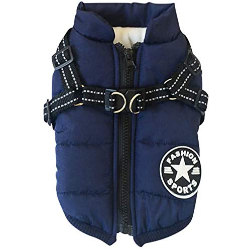 XDKS Hundemantel mit strapazierfähigem Geschirr, Brustgurt, wasserdicht, 2-in-1, Herbst-/Winterjacke, Ski-Kostüm, ärmellos, Baumwolle, gepolsterte Weste, für kleine, mittelgroße und große Hunde, Größe M, Marineblau von XDKS