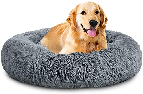 XDKS Rundes Plüsch-Katzen-Hundebett, Waschbares Flauschiges Haustierbett Für Große Mittelgroße Small Hunde (2XL(92 × 92 × 18cm),Grau) von XDKS