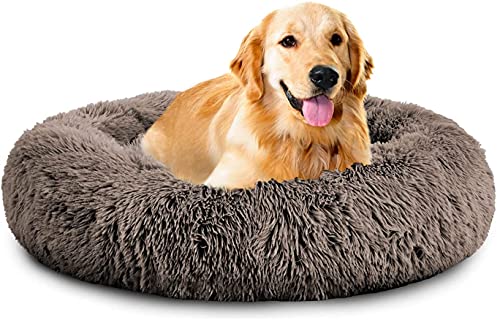 XDKS Rundes Plüsch-Katzen-Hundebett, Waschbares Flauschiges Haustierbett Für Große Mittelgroße Small Hunde (2XL(92 × 92 × 18cm),Khaki) von XDKS