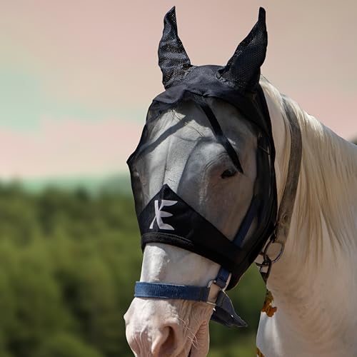 XE Pferde-Fliegenmaske mit Ohren – atmungsaktive Netz-Pferdemaske für UV-Schutz und Pferdefliegen, Standard-Reitsport-Schwarz Pferde-Fliegenmaske (Full, L) von XE Xpert Excellence