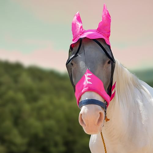 XE Pferde-Fliegenmaske mit Ohren – atmungsaktive Netz-Pferdemaske für UV-Schutz und Pferdefliegen, Standard-Reitsport-Rosa Pferde-Fliegenmaske (Pony, S) von XE Xpert Excellence