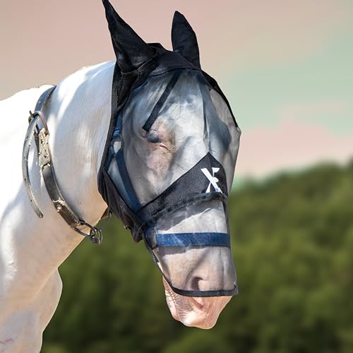 XE Pferde Fliegenmaske mit Ohren – Atmungsaktive Mesh Vollgesichts und Nasen Pferdemaske für UV Schutz und Pferdefliegen, Standard Schwarz Pferde Fliegenmaske für den Reit (Schwarz, Cob (M)) von XE Xpert Excellence