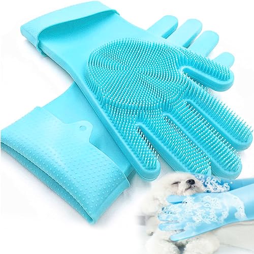 XFLYP Haustier Grooming Handschuhe, Pflegehandschuhe Katzen aus Silikagel Handschuh Bürste Katze, Aufhängbares Design, Baden und Massieren für Hunde und Katzen (Blau) von XFLYP
