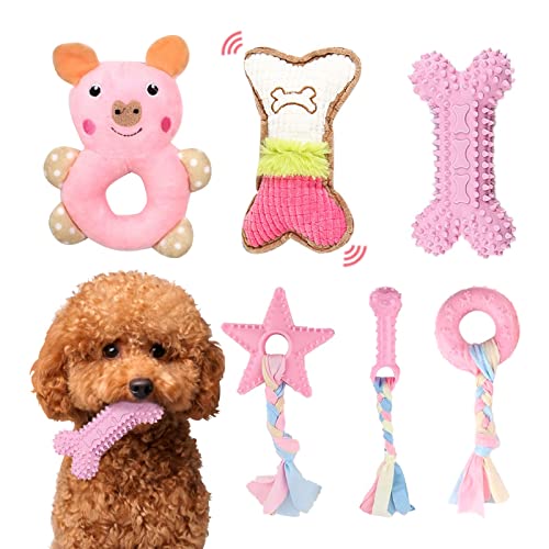 XGDMEIL 6 Pack Puppy Toys for Teething Small Dogs Cute Pink Pet Dog Chew Toys Stuffed Plush Squeak Small Dog Toys von XGDMEIL