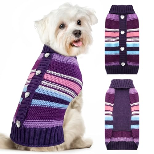 XGDMEIL Hundepullover Rollkragen niedlich für kleine, mittelgroße und große Hunde Katzen lila gestreiftes Haustiertuch mit Herzknopf Warmer Herbst Winter Welpen Kätzchen Pullover Sweatershirt Outfits von XGDMEIL