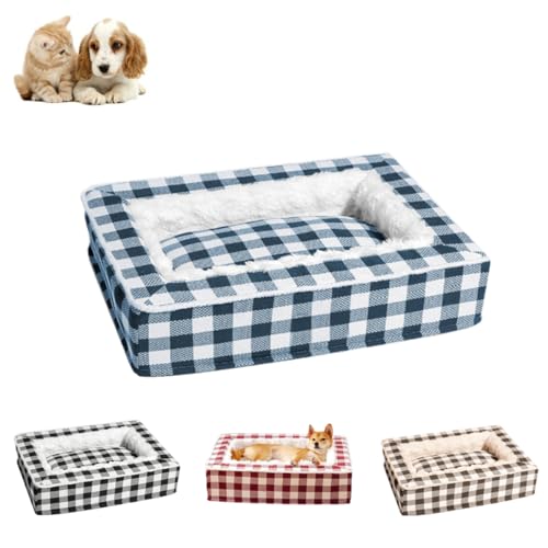 XHSYTC Tartan Cozy Dog Anti-Anxiety Calming Bed,Soft Funny Fuzzy Dog Bed,Classic Square Pet Bed,Removable Washable for Cats and Dogs (Blue, L) von XHSYTC