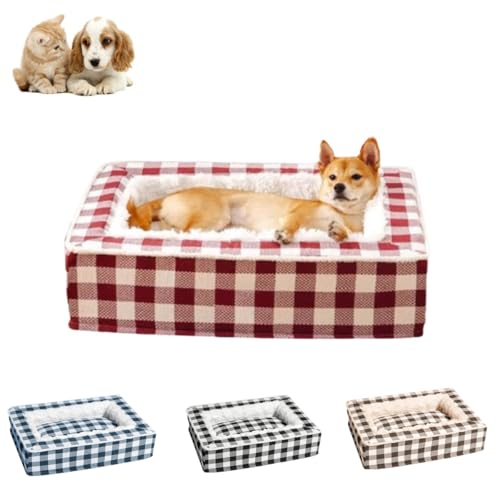 XHSYTC Tartan Cozy Dog Anti-Anxiety Calming Bed,Soft Funny Fuzzy Dog Bed,Classic Square Pet Bed,Removable Washable for Cats and Dogs (Red, L) von XHSYTC