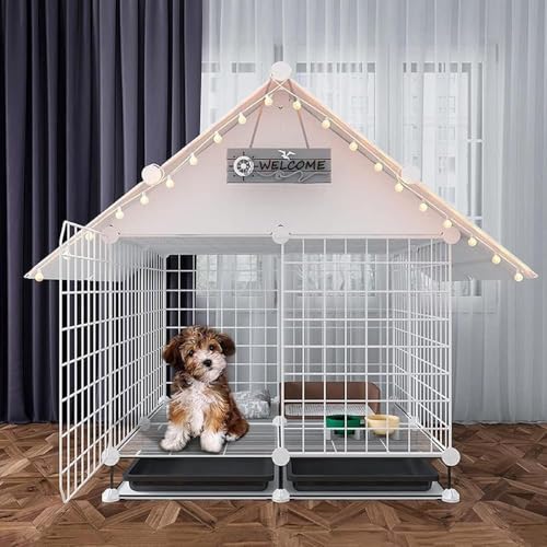 Laula para Perros Hundehütte aus Metall, kaufest, mit herausziehbarer Ablage und beweglichem Rad-Design, Hundekäfig, für mittelgroße und kleine Hunde (Farbe: Weiß) von XIAGJAO