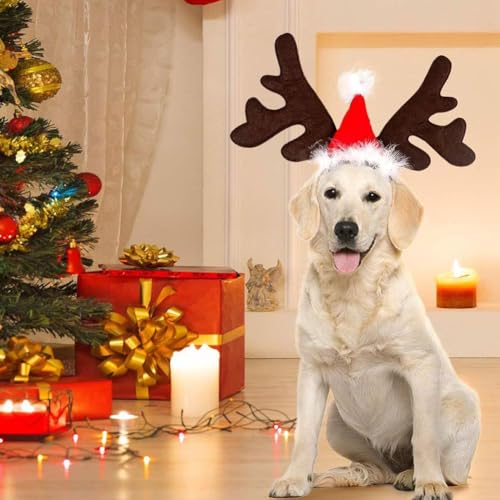 XIAOBAN Weihnachtliche Haustier-Kopfbedeckung, Weihnachts-Haarschlaufe, braunes Elch- und Rentiergeweih, Haarschmuck für Hunde und Katzen, Größe M von XIAOBAN