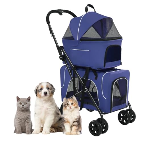 Doppel-Hundewagen, Reiseträger, Haustier-Kinderwagen, Pet Gear, 4-Rad-Haustier-Hunde-Kinderwagen, Kinderwagen, leichte Haustier-Kinderwagen for Hunde und Katzen, ideal for Zwillinge oder mehrere(Blue) von XIAOYIWIN