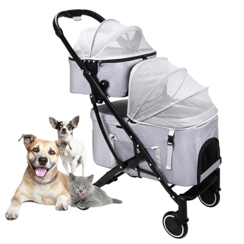 Doppelschichtiger Haustier-Kinderwagen, Katzen-Reisewagen, kleiner und mittelgroßer Hunde-Kinderwagen, 3-in-1-Haustier-Katzen-Hunde-Kinderwagen/Tasche/Autotransporter, 2-lagiger abnehmbarer Haustier-K von XIAOYIWIN