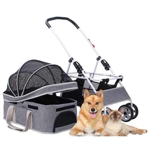 Zusammenklappbarer Haustier-Kinderwagenträger, abnehmbarer Hundewagen-Kinderwagen, 3-in-1-Hunde-/Katzen-/Haustier-Kinderwagen-Reisewagen, Hundewagen for kleine mittelgroße Hunde, Katzentasche, Hundewa von XIAOYIWIN