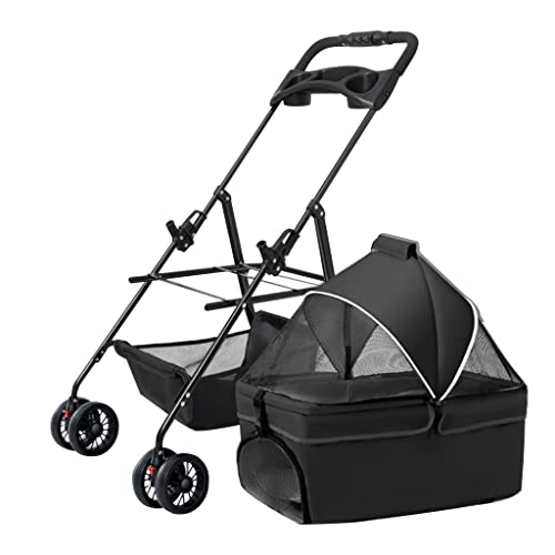 Haustier-Kinderwagen, Hundewagen, Katzen-Reise-Kinderwagen mit abnehmbarem Trolley, Reißverschlussloser Eingang, Haustier-Hundebuggy für kleine, mittelgroße Hunde mit Getränkehalter (Nero) von XIAOYIWIN