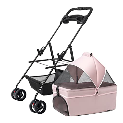 Haustier-Kinderwagen, Hundewagen, Katzen-Reise-Kinderwagen mit abnehmbarem Trolley, Reißverschlussloser Eingang, Haustier-Hundebuggy für kleine, mittelgroße Hunde mit Getränkehalter (Rosa) von XIAOYIWIN