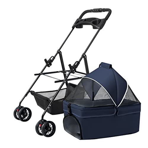 Haustier-Kinderwagen, Hundewagen, Katzen-Reise-Kinderwagen mit abnehmbarem Trolley, Reißverschlussloser Eingang, Haustier-Hundebuggy für kleine, mittelgroße Hunde mit Getränkehalter (blau) von XIAOYIWIN