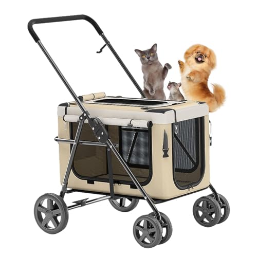 XIAOYIWIN Haustier-Kinderwagen, Abnehmbarer Hundewagen for Hunde, Katzen, Welpen und Kätzchen, Hundewagen for kleine und mittelgroße Hunde, Hundewagen, Faltbarer Katzen-Reisewagen(Khaki) von XIAOYIWIN