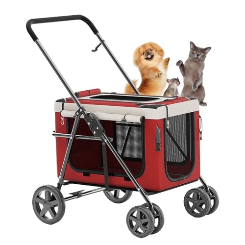 XIAOYIWIN Haustier-Kinderwagen, Abnehmbarer Hundewagen for Hunde, Katzen, Welpen und Kätzchen, Hundewagen for kleine und mittelgroße Hunde, Hundewagen, Faltbarer Katzen-Reisewagen(Red) von XIAOYIWIN