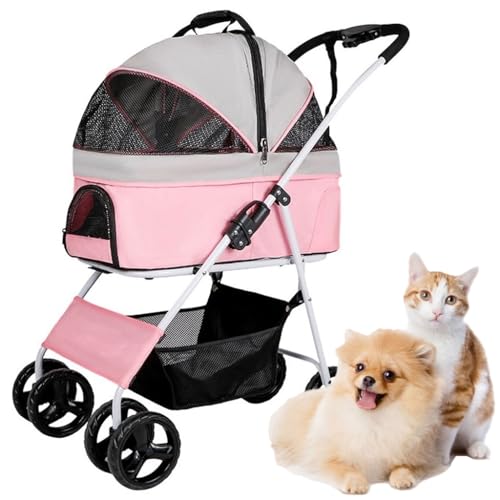 Hunde-Kinderwagen für mittelgroße und kleine Hunde, 3-in-1 Haustier-Kinderwagen, Katzentragetasche, Reisetasche, Reisewagen, Reißverschluss, einfacher Einhand-Faltung, Rosa von XIAOYIWIN