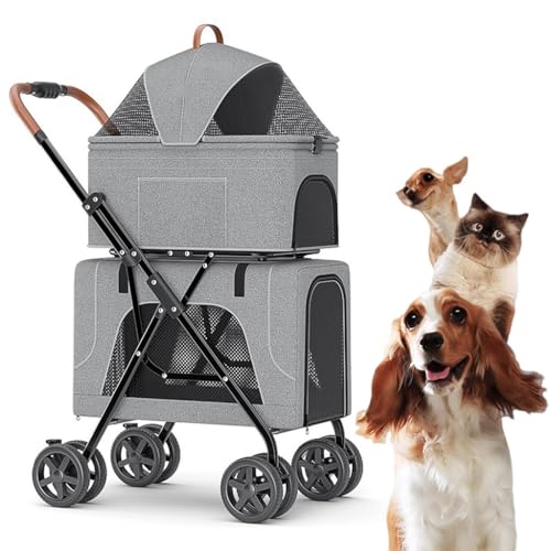 Hundewagen-Kinderwagenkäfig, 2-lagiger Haustier-Reisewagen, atmungsaktiver doppellagiger Hundewagen for 2 Hunde/Katzen, Hundewagen, faltbarer Haustier-Katzenwagen for Zwillinge oder mehrere(Gray A) von XIAOYIWIN