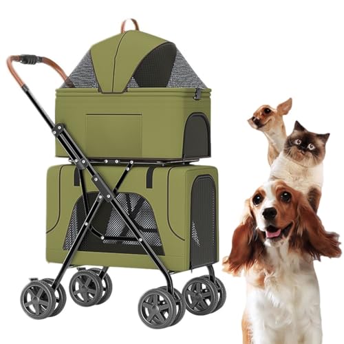 Hundewagen-Kinderwagenkäfig, 2-lagiger Haustier-Reisewagen, atmungsaktiver doppellagiger Hundewagen for 2 Hunde/Katzen, Hundewagen, faltbarer Haustier-Katzenwagen for Zwillinge oder mehrere(Green) von XIAOYIWIN